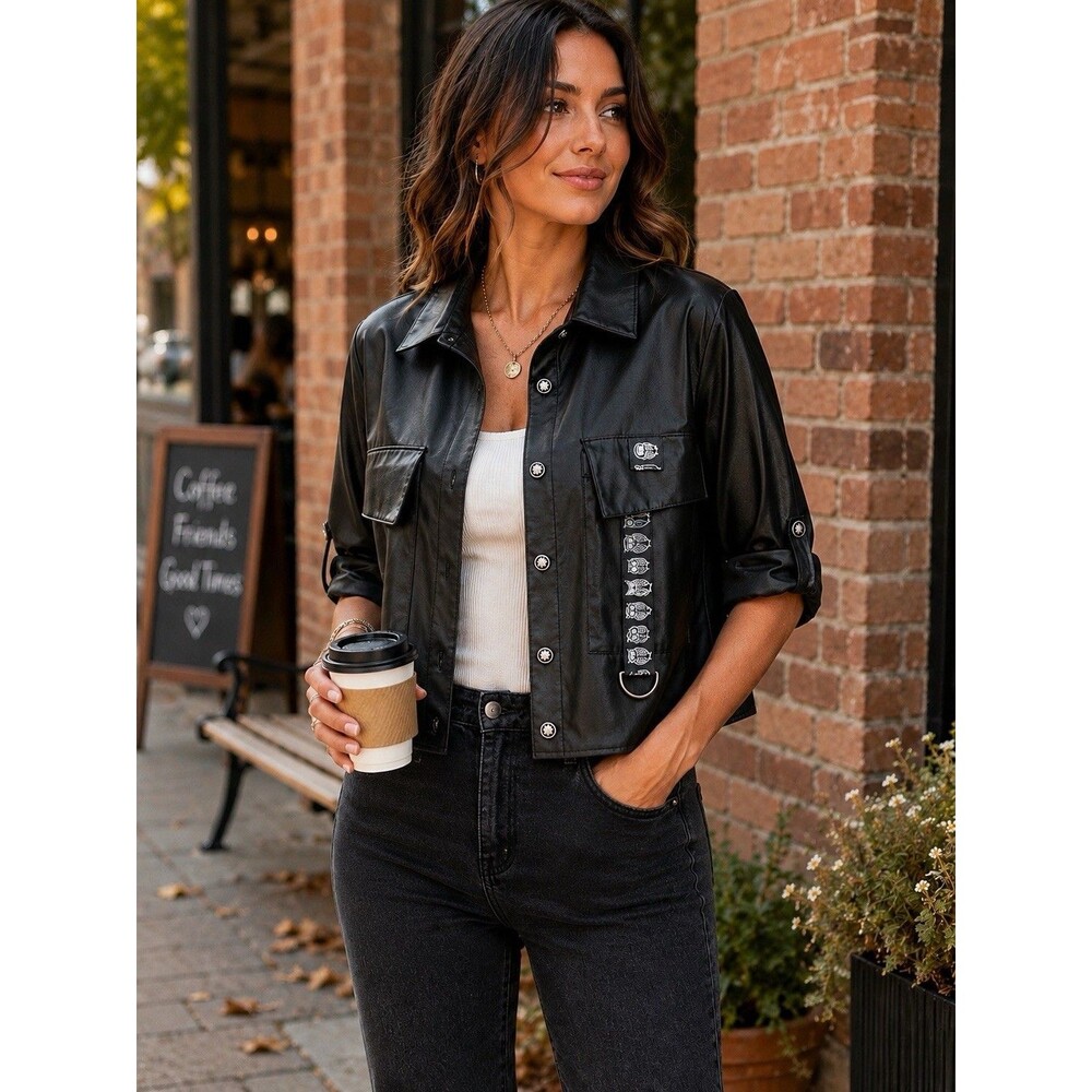 Cliche Black Faux Leather Owl Utility Shirt Jacket NWT Size 38 Medium Roll Tabs